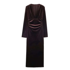 Robe Maxi Élégante en Velours pour Femmes Col en V Manches Longues Froncée Coupe Ajustée Couleur Unie Soirée Automne Hiver
