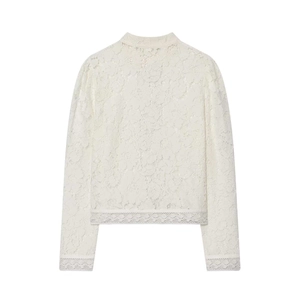 Elegant white lace long-sleeved blouse with stand collar and floral crochet details