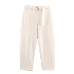Women's minimalist beige high-waisted tapered trousers with matching D-ring belt detail