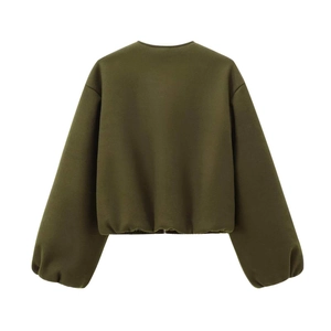 Back view of a cropped olive green wool bomber jacket with elasticated hem and cuffs