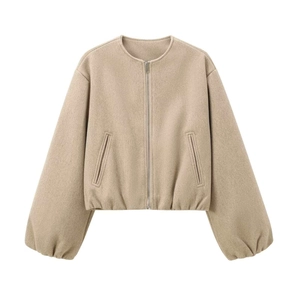 Classic khaki wool flight jacket featuring a minimalist collarless design and metal zipper
