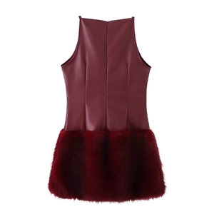 Sleeveless burgundy faux leather dress with plush faux fur trim and back zipper