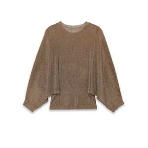 Elegant bronze metallic knit sweater with batwing sleeves and ribbed crew neck design