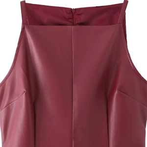 Fashionable burgundy faux leather mini dress with thin straps and a square neckline