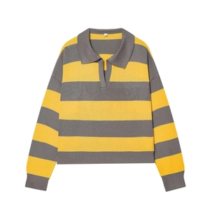 Women Striped Knit Polo Sweater V Neck Long Sleeve Loose Casual Pullover Contrast Color Trim Elegant Knitwear Top