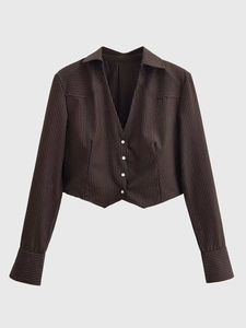 Detail of V-neck brown pinstripe cropped cardigan with white contrast buttons