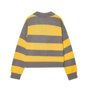 Chic long sleeve knit sweater with bold yellow and dark grey stripes and ribbed trims