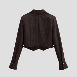 Detail view of brown pinstriped cropped blazer with a unique pointed back hemline design