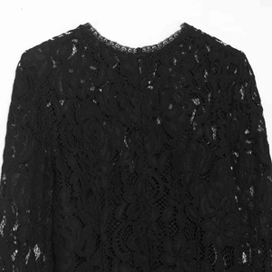 Elegant black floral lace midi dress featuring a classic round neck and invisible back zipper