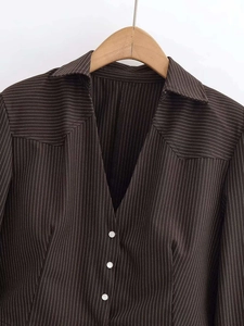 Detail shot of brown pinstripe shirt featuring classic lapel and white button-down front