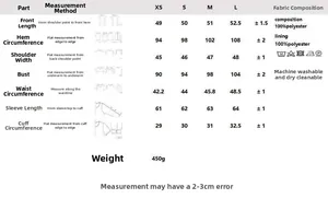 Size chart with detailed measurements for women's buttoned short jacket and polyester fabric