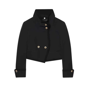 Women Double Breasted Short Jacket Stand Collar Golden Buttons Shoulder Pads Slim Fit Office Lady Outerwear Coat