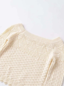 Detail of knit sweater neckline showing scalloped openwork and diamond textures