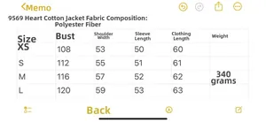 Detailed size chart for heart pattern puffer jacket with polyester fabric dimensions