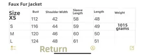Size guide table for women's faux fur jacket showing chest, shoulder, and sleeve measurements
