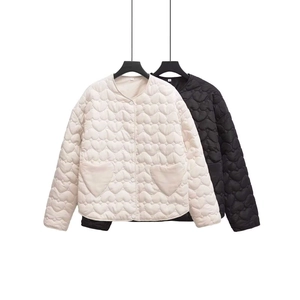 Women Fashion Heart Pattern Quilted Jacket Winter Warm Casual Loose Round Neck Long Sleeve Padded Coat Outerwear For Lady