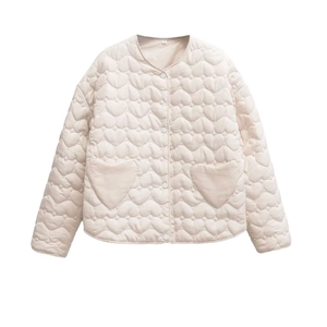 Women's cream quilted jacket with heart-shaped patterns and round neck design
