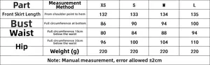 Guide des tailles détaillé pour robe midi asymétrique avec mesures du buste, taille et hanches