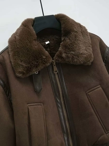 Detail of dark brown faux shearling jacket showing plush collar and suede texture