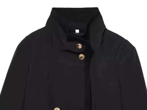Close-up of black stand-up collar jacket featuring decorative gold metal buttons