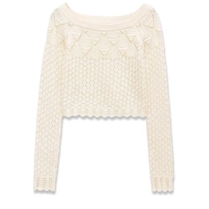 Women French Vintage Crochet Pointelle Knit Sweater Scalloped Edge Long Sleeve Boat Neck Loose Short Crop Pullover Top
