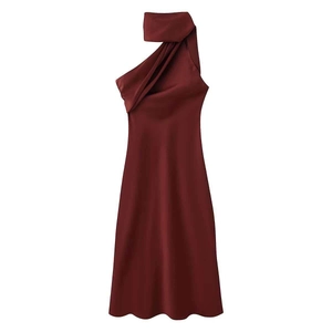 Élégante Robe Midi en Satin Dos Nu pour Femmes Rouge Vin Nœud Asymétrique Dos Nu Coupe Ajustée Robe de Soirée Banquet