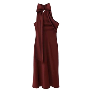 Robe midi bordeaux élégante avec col licou et grand nœud décoratif en tissu satiné