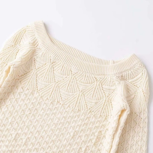 Women's off-white knit sweater with intricate pointelle patterns and scalloped edges