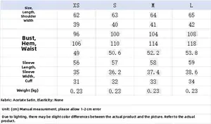 Detailed size guide table for long-sleeve satin shirt with measurements in centimeters