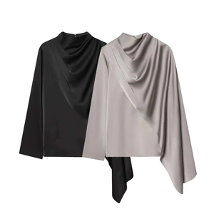 Women Asymmetric Scarf Neck Acetate Satin Blouse Elegant Long Sleeve Draped Solid Color Pullover Top For Banquet Office