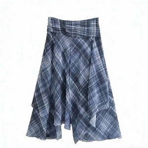 Jupe Midi Élégante à Taille Haute à Carreaux pour Femmes Bleu Gris Asymétrique à Étages Jupe Trapèze Vêtements Décontractés Quotidiens