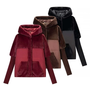 Women Winter Patchwork Hooded Padded Jacket Faux Fur Trim Quilted Oversized Coat Long Sleeve Warm Outwear With Pockets
