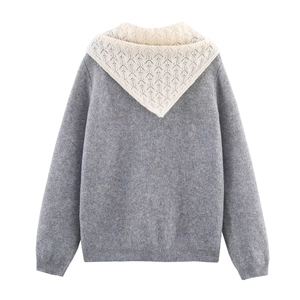 Grey knit hoodie for women with white lace sailor collar and relaxed loose fit