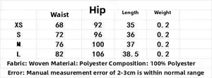 Size chart for women's sequin mini skirt showing waist and hip measurements in centimeters