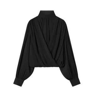 Elegant black high-neck balloon sleeve blouse with cross drape detail for a modern chic look