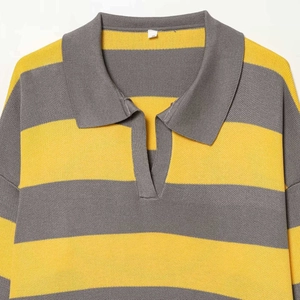 Women's autumn striped knit polo sweater with long sleeves in grey and yellow color block