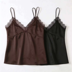 Women's Sexy Satin V-Neck Camisole With Lace Trim Elegant Sleeveless Adjustable Spaghetti Strap Summer Tank Top Nightwear