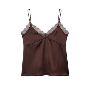 Débardeur Camisole En Satin Pour Femmes Avec Bordure En Dentelle Col En V Bretelles Spaghetti Sexy Marron Texture Satin
