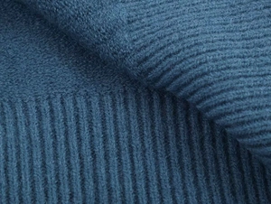 Close-up of deep teal knit fabric showing ribbed and plain stitch texture detail