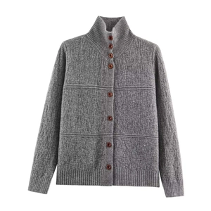 Grey stand-collar knitted cardigan with brown buttons and textured rib trim for women