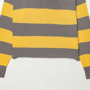 Women's long sleeve knitted sweater with yellow and grey horizontal stripes and ribbed cuffs