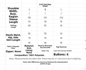 Detailed size chart for the ruffle knit set showing dimensions for S, M, and L sizes
