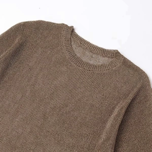 Brown knit top with round neck featuring textured honeycomb mesh knit fabric