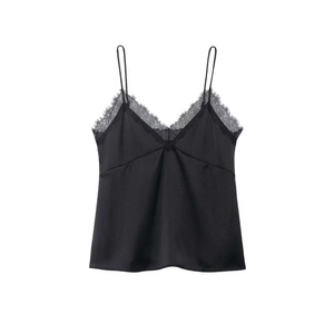 Elegant black satin camisole with V-neckline and delicate lace trim for women