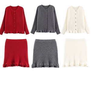 Women Elegant Ruffle Knit Cardigan And Mini Skirt Round Neck Buttons Solid Color Long Sleeve Commuter Autumn Winter Clothing