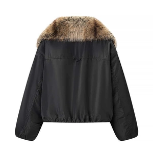 Women's black loose bomber jacket with a large brown faux fur collar, back view display