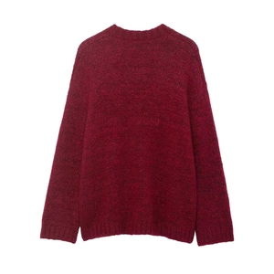 Deep red mohair knit cardigan sweater with vintage long sleeves and a crew neck flat lay