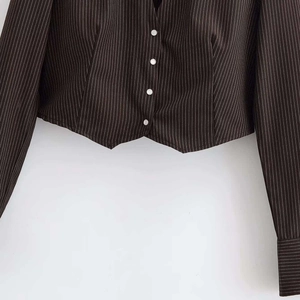 Brown striped short cardigan for women featuring a V-neckline and asymmetrical hem