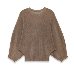 Short bronze batwing sleeve knit top with metallic finish and ribbed crewneck collar
