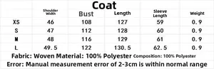 Size chart table for autumn wool-blend coat showing measurements and polyester fabric details